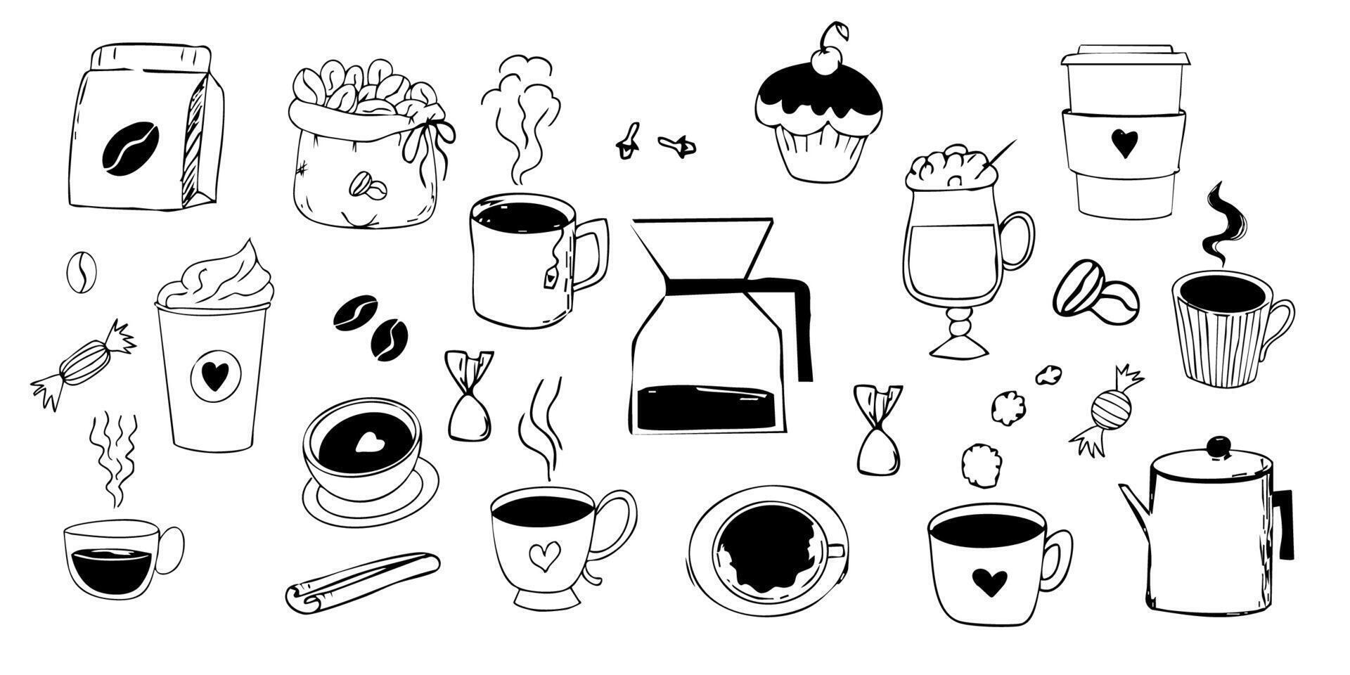Coffee doodle set sketchy hand drawn set sack with coffee beans, grinder, spices, desserts. Morning beverage and mug take away. Line cute drawing. vector
