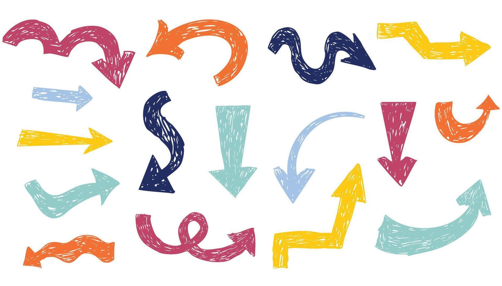 Thick arrow crayon or chalk drawing sketch grunge textured set. Different directions simple curve shape. Pencil, marker, pastel scribble vector