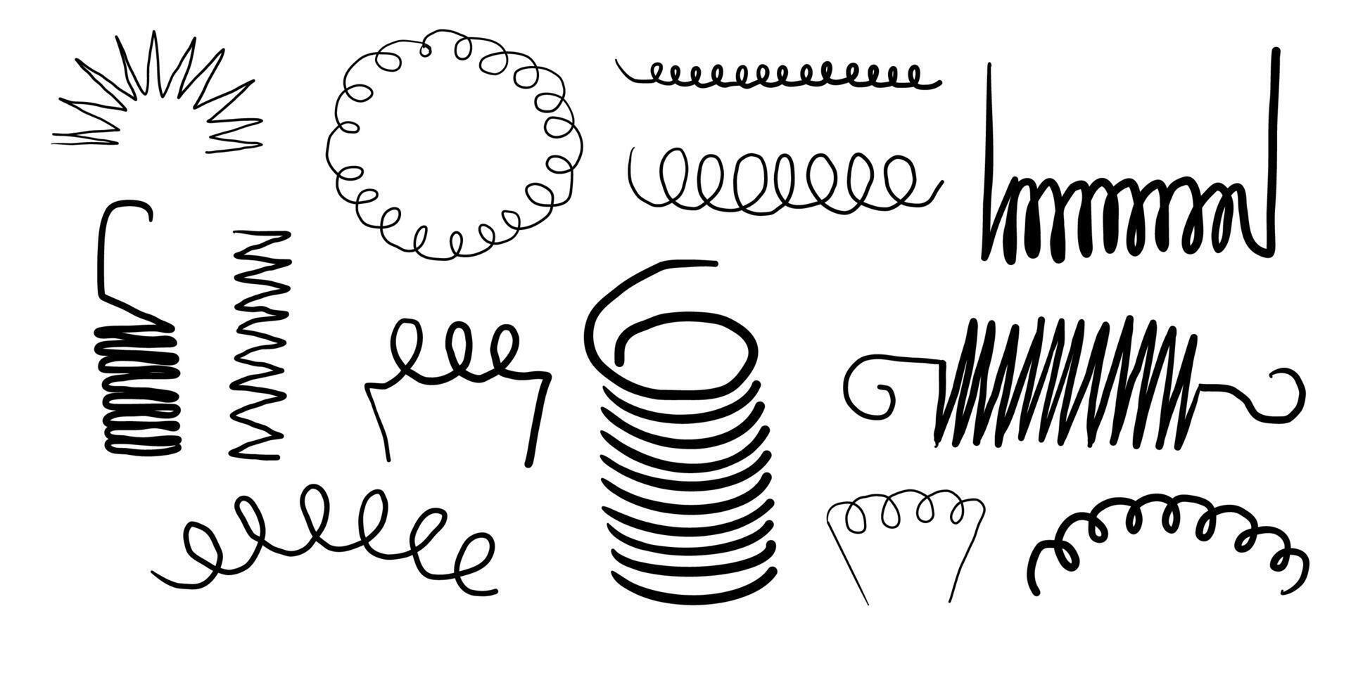 Metal coil spiral bounce metal line hand drawn doodle. Slinky or wire flexible spring. Set curly wavy twisted shape. vector