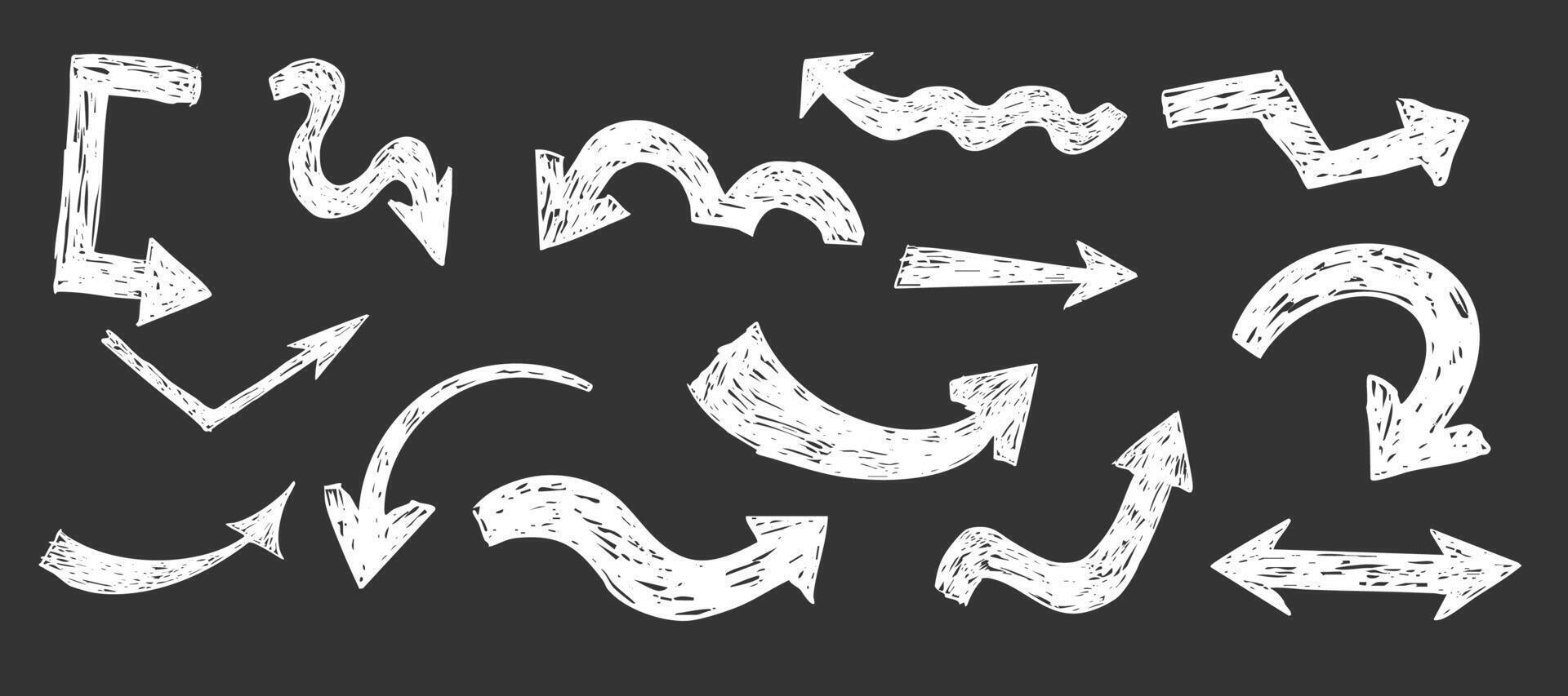 Thick white arrow crayon or chalk drawing sketch grunge textured on blackboard set. Different directions simple curve shape. Pencil, marker, pastel scribble vector
