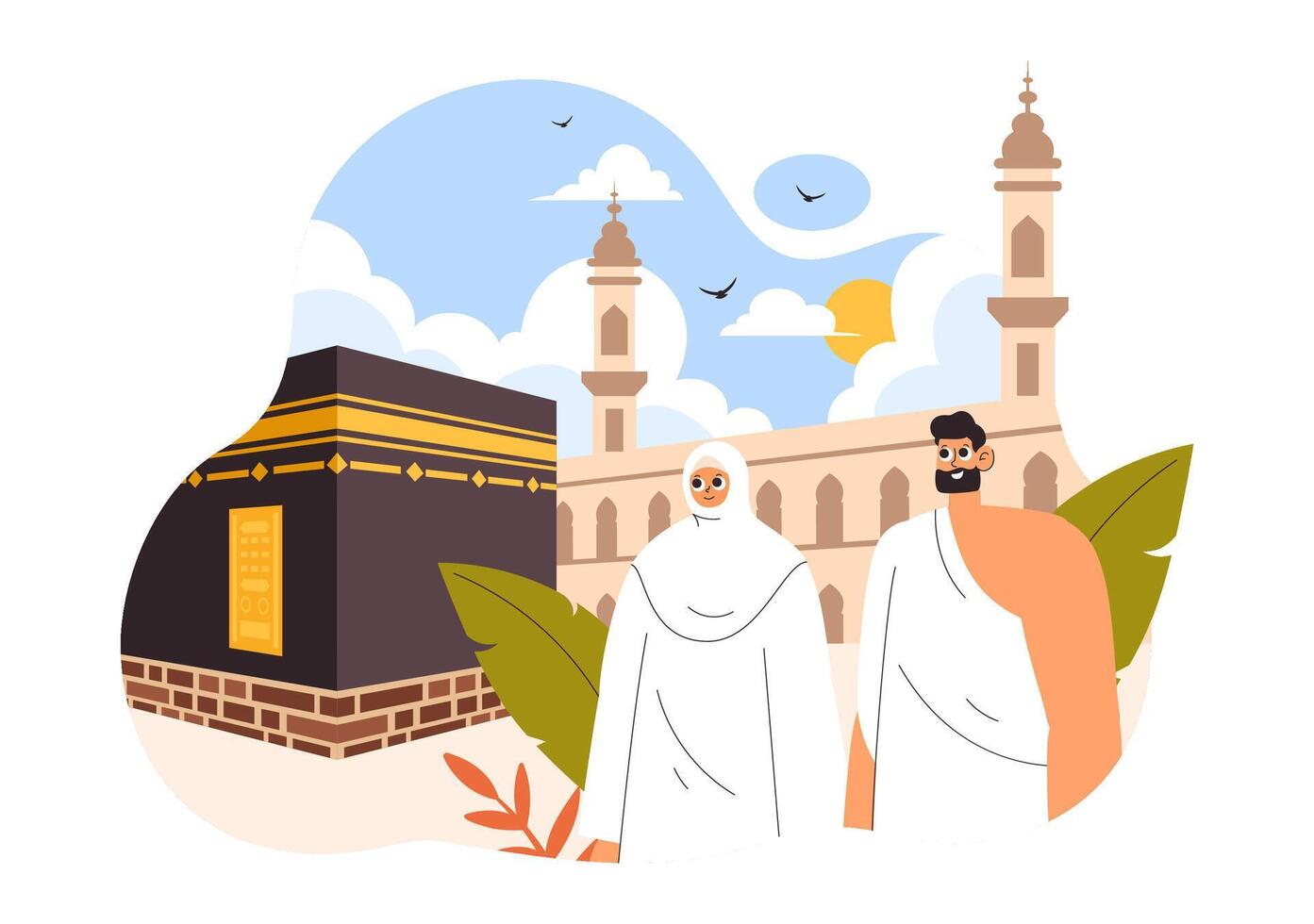 Spiritual Journey of Hajj Illustration with Islamic Worshippers in Flat Background vector