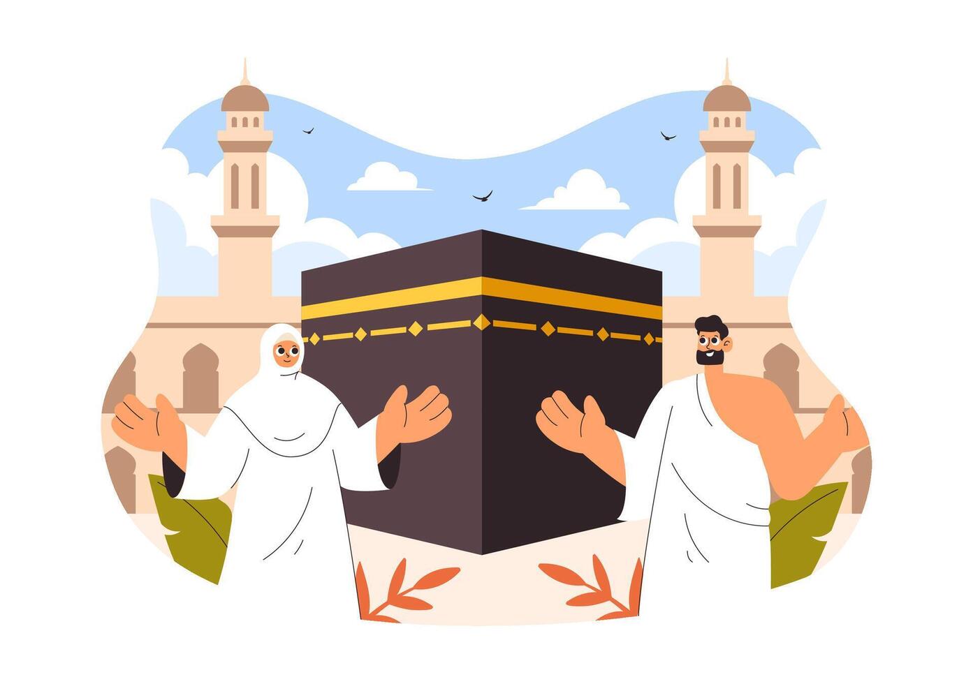 Muslim Pilgrimage to Mecca Illustration Featuring the Kaaba and Mosque in Cartoon Style vector