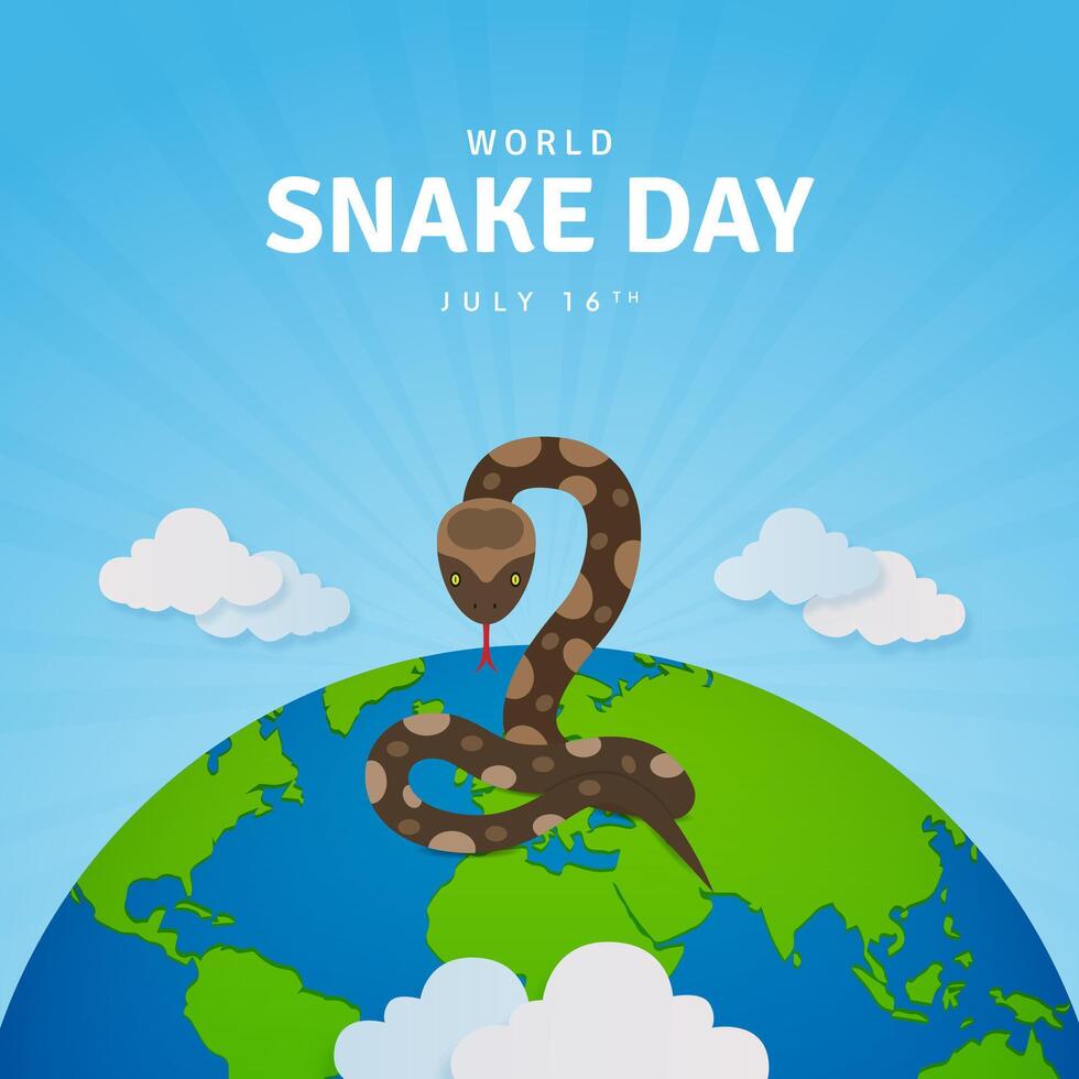 Happy World Snake Day July 16th with a snake and globe illustration on sunburst background vector