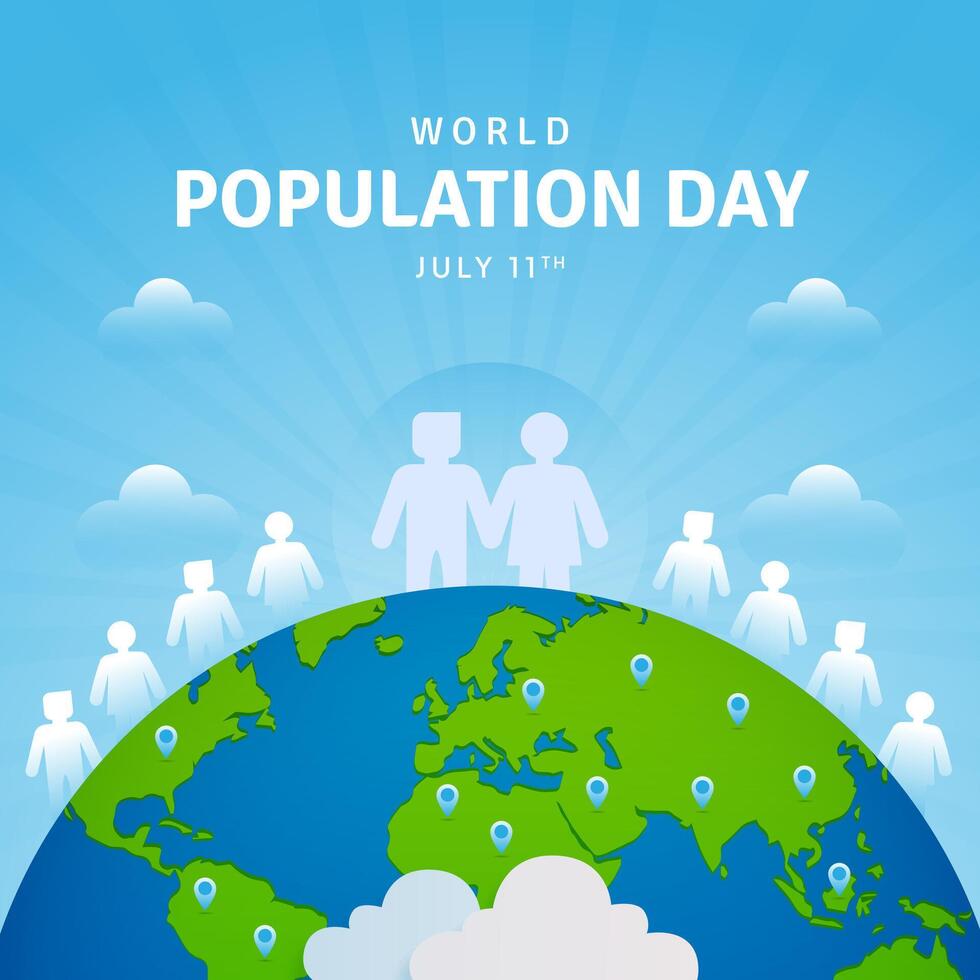 World Population Day July 11th with human silhouette globe and pinned map illustration on sun burst background vector