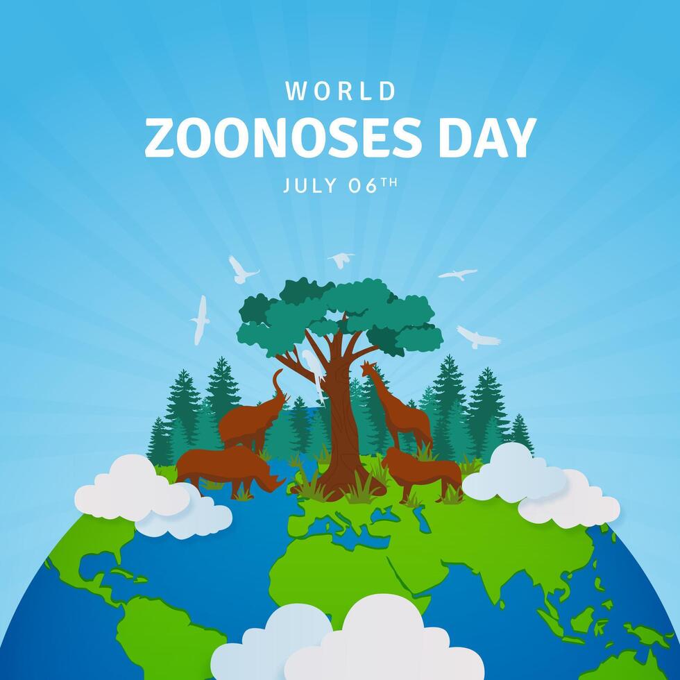 World Zoonoses Day July 06th with animal birds and globe illustration on sun burst background vector
