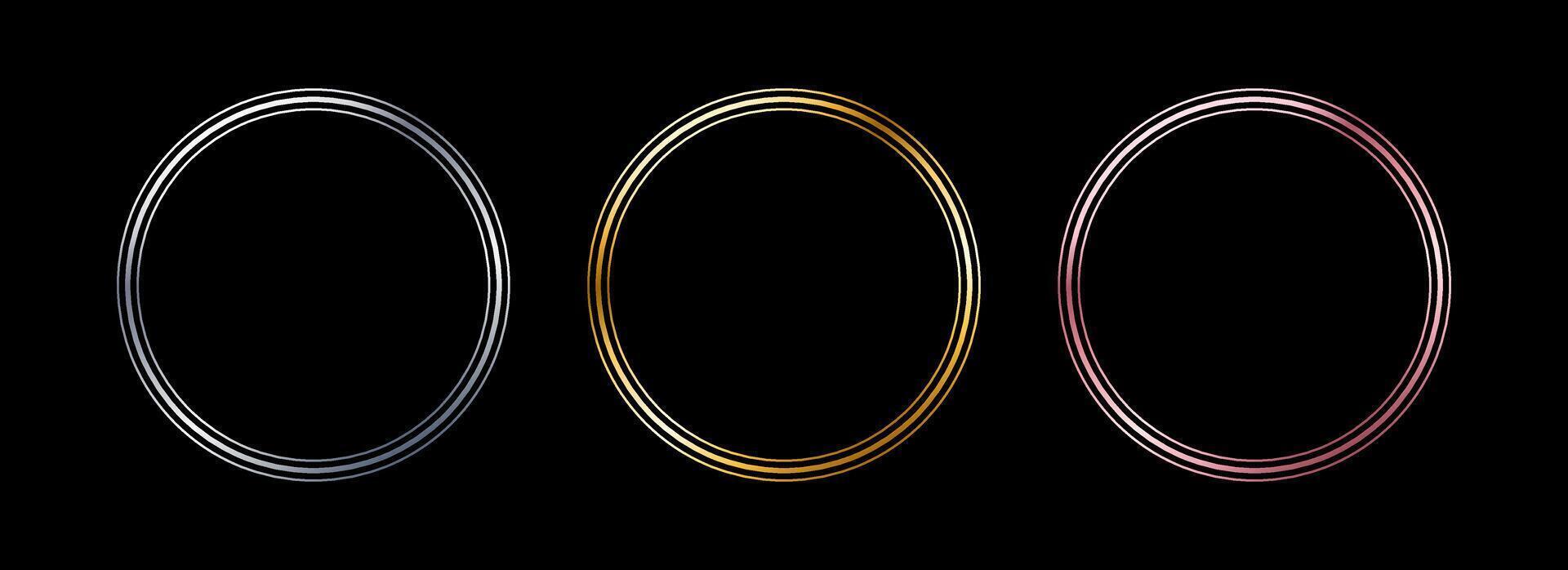 Gold and silver circle thin frame set. Shiny metal foil circle border collection. Golden glowing boarder bundle in art deco style. Linear round element pack for photo, cadre, card, emblem vector