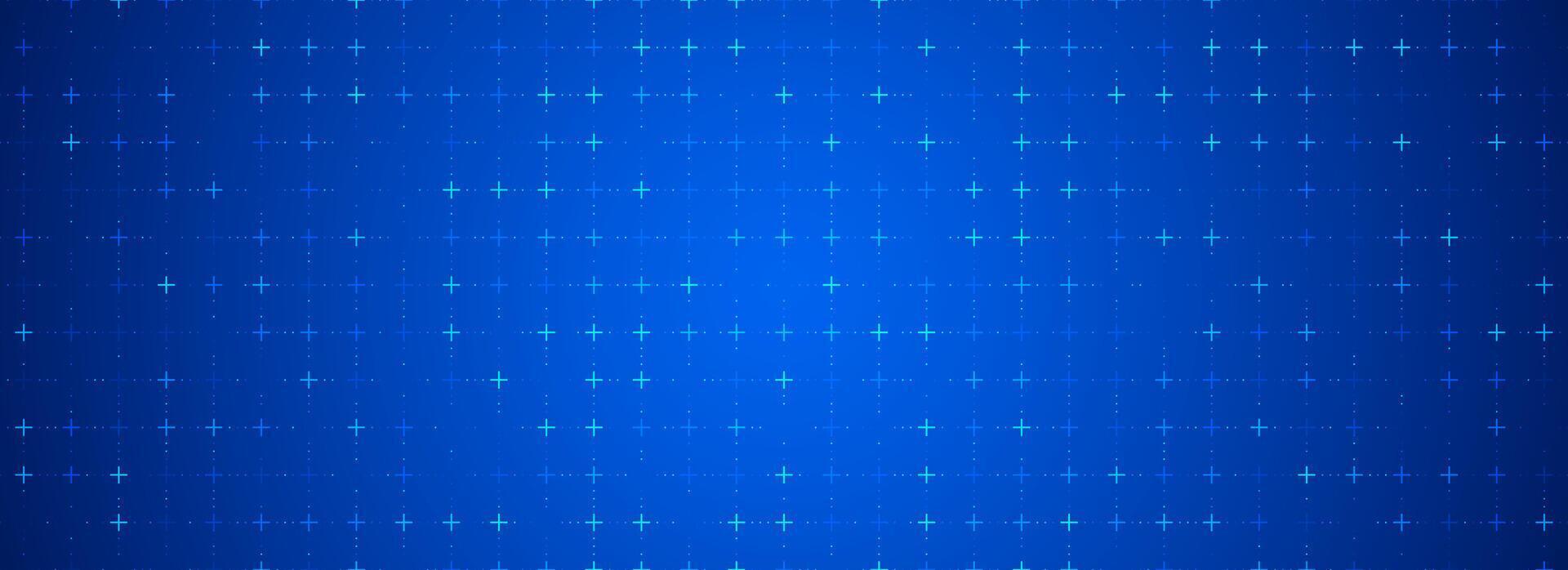 Blue glowing square grid background. Cross and dot tech network backdrop. Abstract checkered dashboard pattern for science, technology, business, healthcare, medicine design template. vector