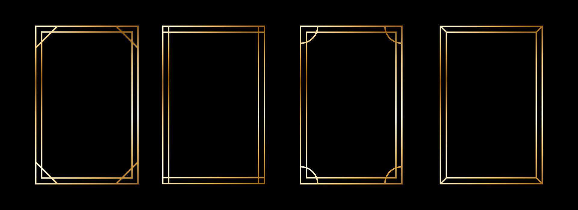 Thin metallic rectangle frame set. Shiny gold foil border collection. Golden glowing geometric boarder bundle in art deco style. Rectangular element pack for photo, cadre, card, emblem vector
