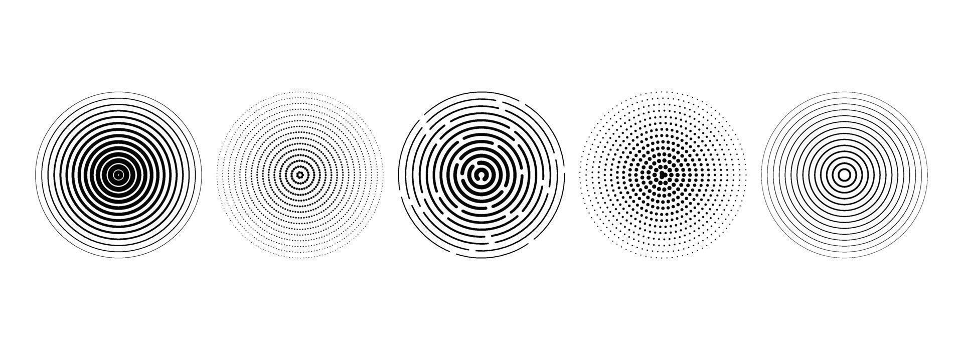 Black linear concentric circle set. Dotted and dashed round sound wave collection. Epicenter, target, radar, sonar icon concept. Halftone radial radio signal or vibration element pack. vector