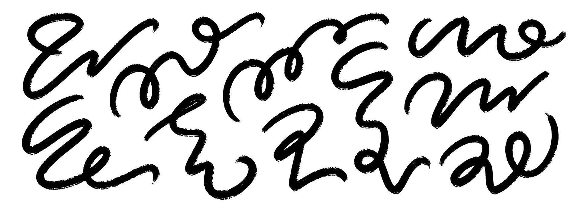 Black squiggle brush stroke set. Wiggly paint line collection. Charcoal curly flourish pack for highlight, underline, emphasis. Crayon wavy undulate strips. Rough chalk scribble swoosh stripes vector