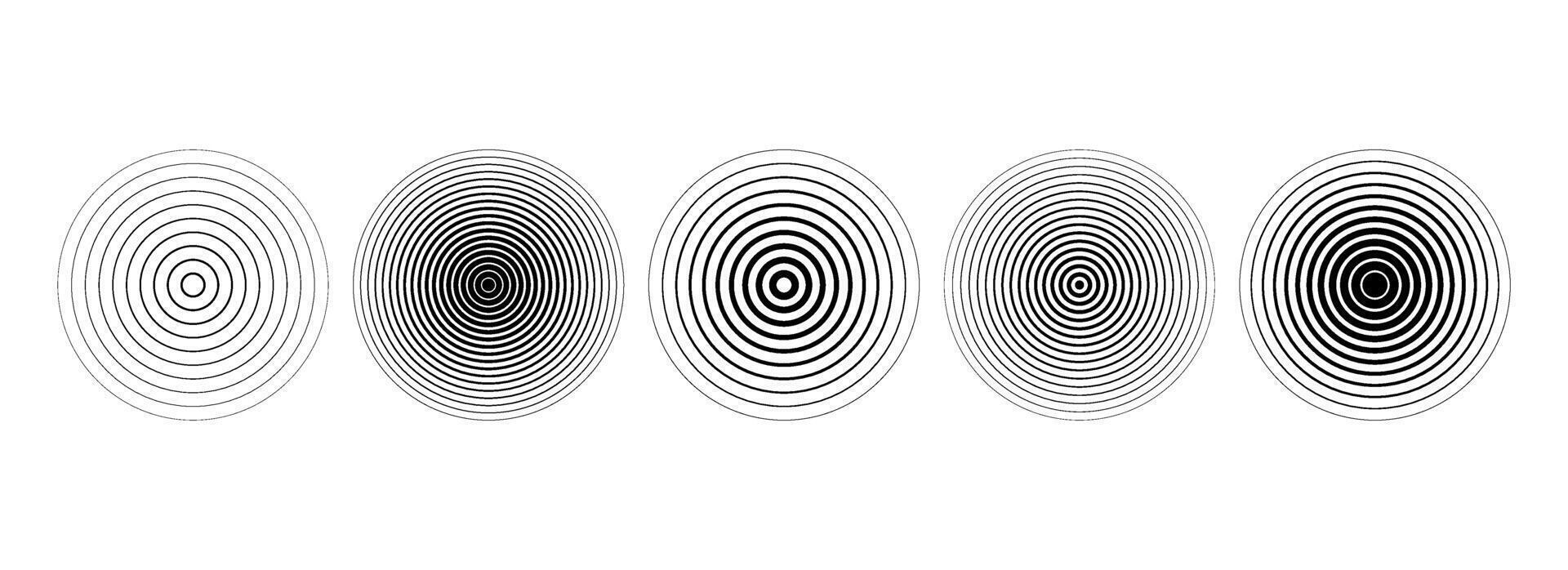 Black linear concentric circle set. Fading round sound wave collection. Epicenter, target, radar, sonar icon concept. Radial radio signal or vibration element pack. Striped symbols vector