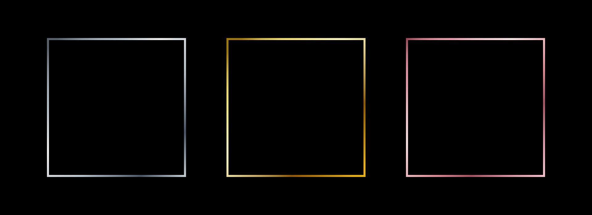 Metallic thin square frame set. Shiny gold and silver foil border collection. Golden glowing geometric boarder bundle in art deco style. Rectangular element pack for photo, cadre, card, emblem vector