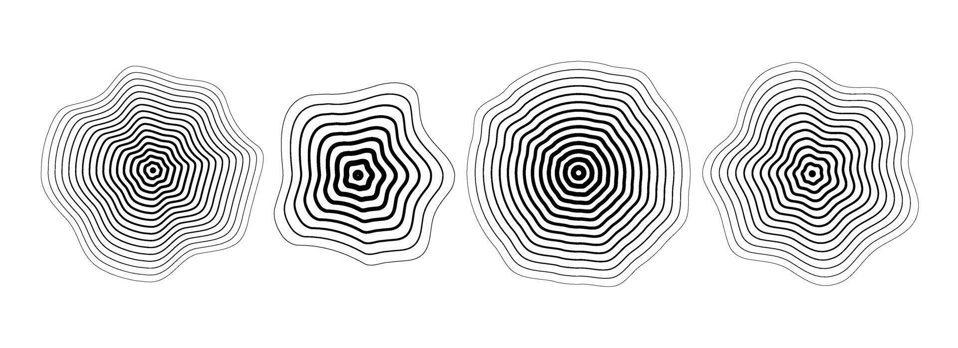 Black concentric ripped circle set. Dotted and dashed round sound wave collection. Epicenter, target, radar, sonar icon concept. Halftone radial radio signal or vibration element pack vector