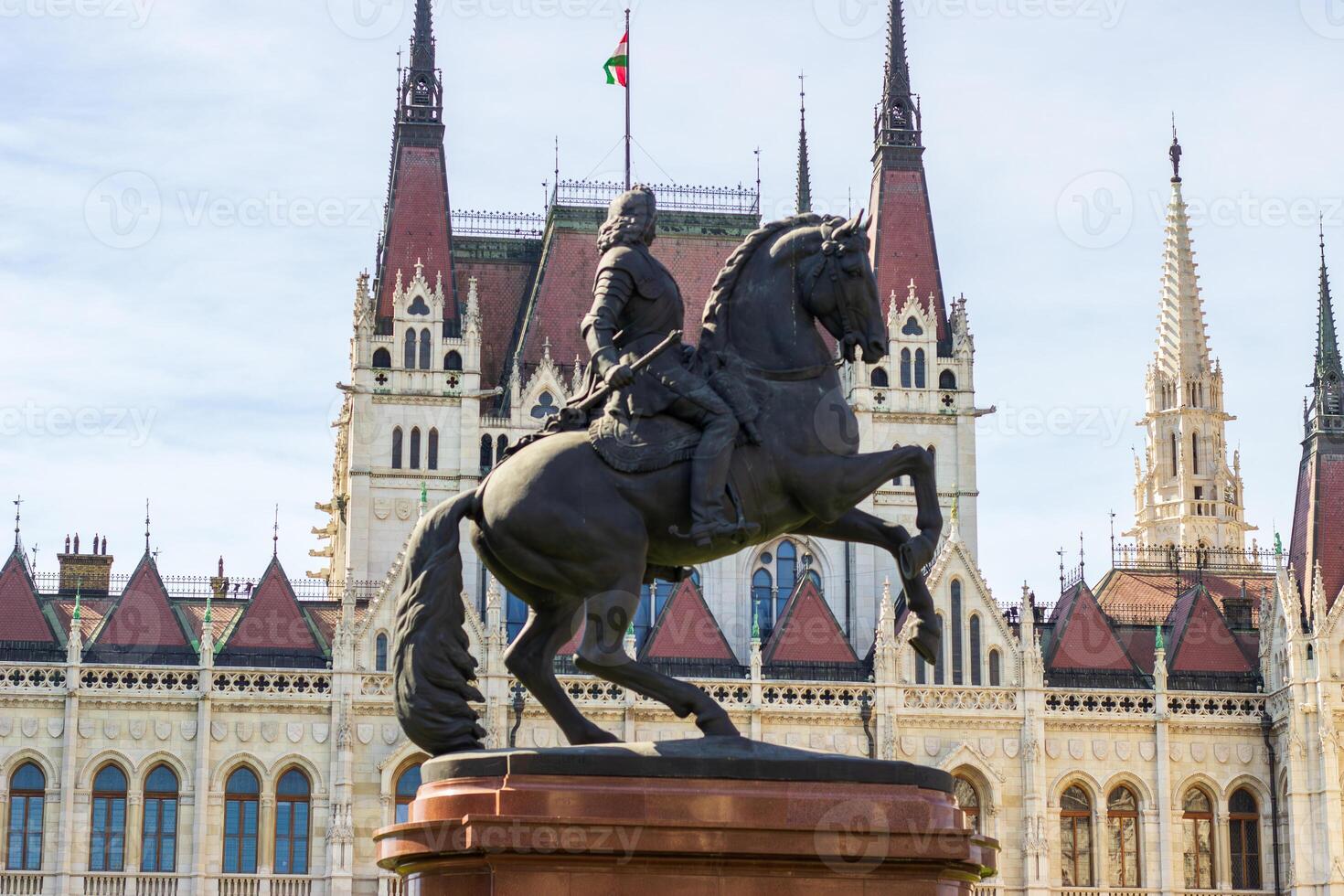 Equestrian statue in front of Hungarian Parliament Building in Budapest, photographed on April 14, 2024. Historic monument and architectural background photo