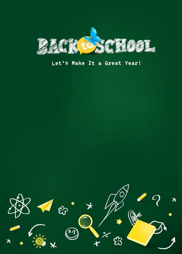 Vertical back to school poster featuring yellow backpack blue butterfly and chalkboard doodles ideal for education events and classroom promotions vector
