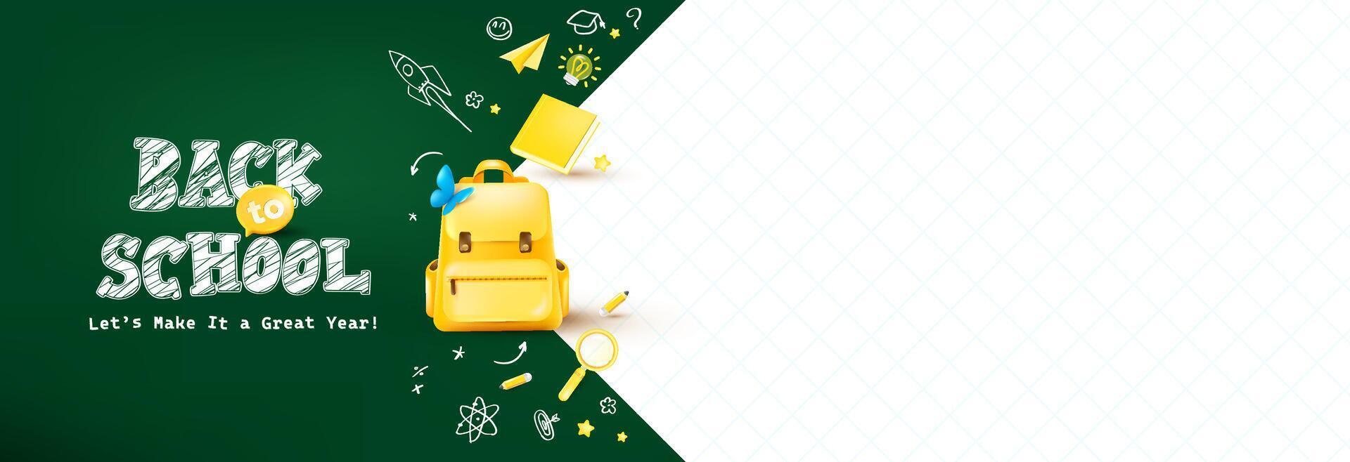 Creative back to school template featuring yellow backpack blue butterfly chalkboard background and notebook grid ideal for certificates flyers and school events vector