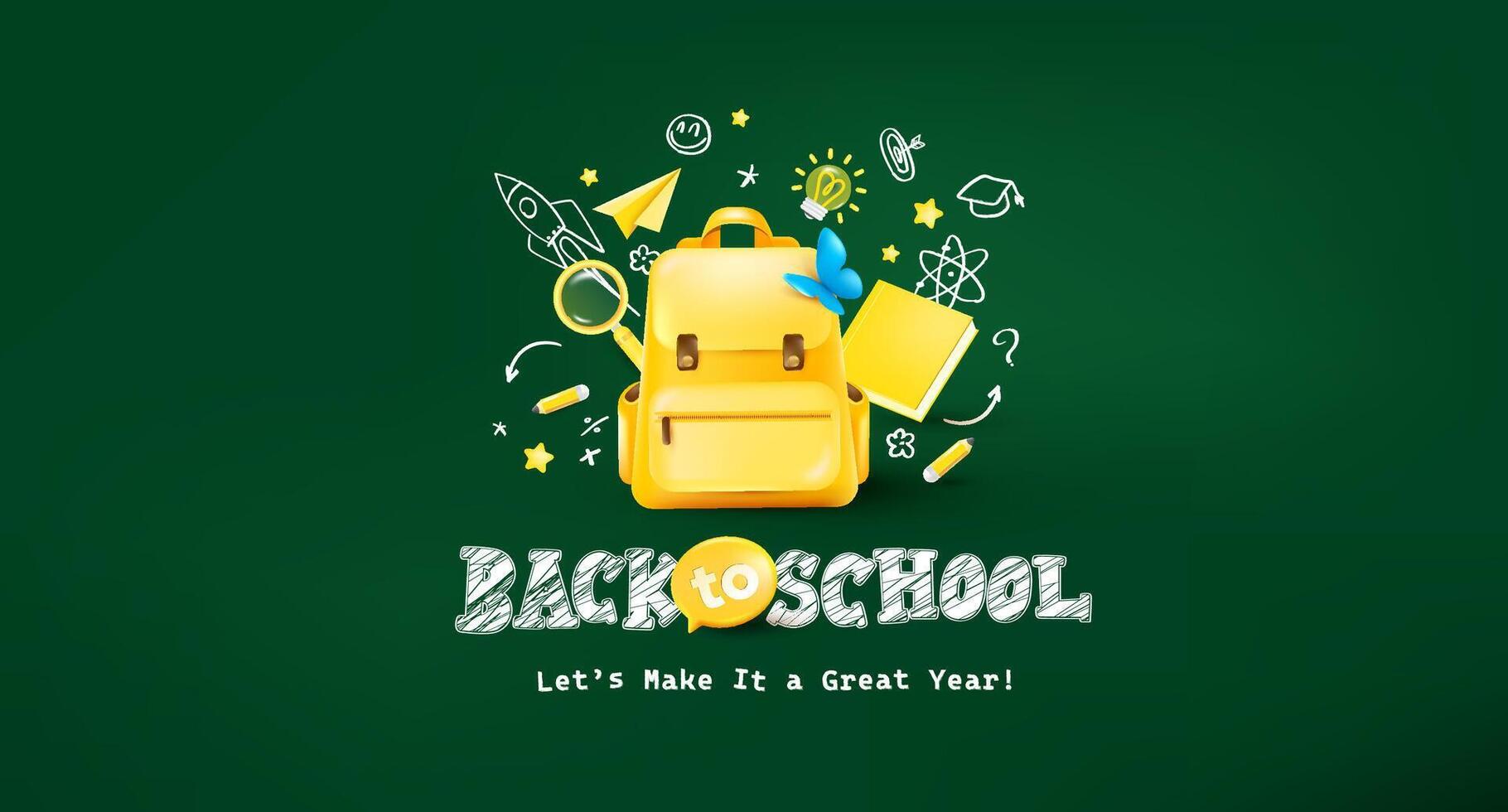 Fun back to school design with yellow backpack blue butterfly and chalkboard doodles perfect for education and student projects vector