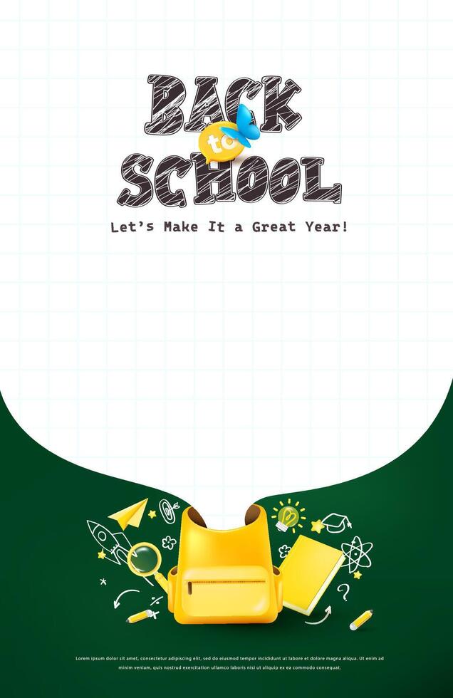 Clean and creative back to school certificate template with yellow backpack chalkboard background and notebook paper grid ideal for education awards and student recognition vector