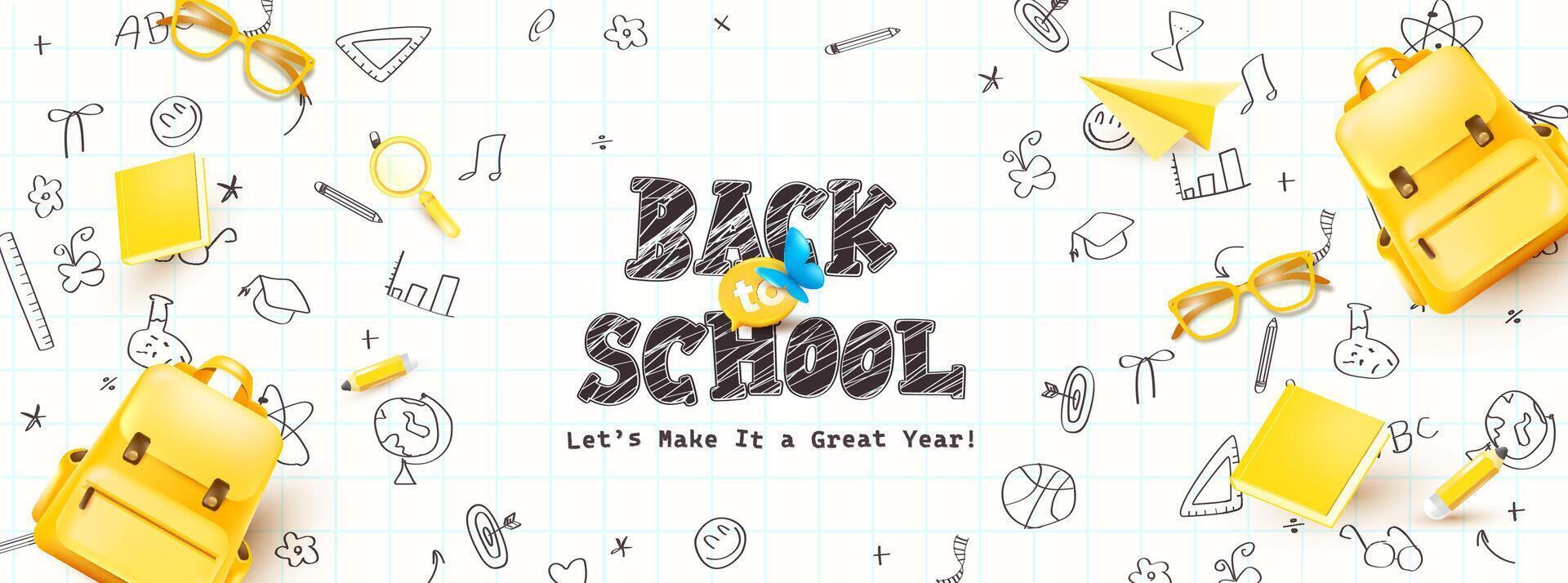 Playful back to school banner with yellow backpack blue butterfly and hand drawn doodles on notebook paper great for school promotions and learning events vector