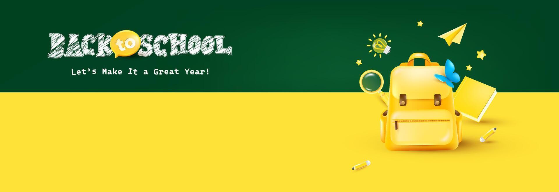 Bright back to school banner featuring yellow backpack blue butterfly and chalkboard doodles ideal for education projects and school promotions vector