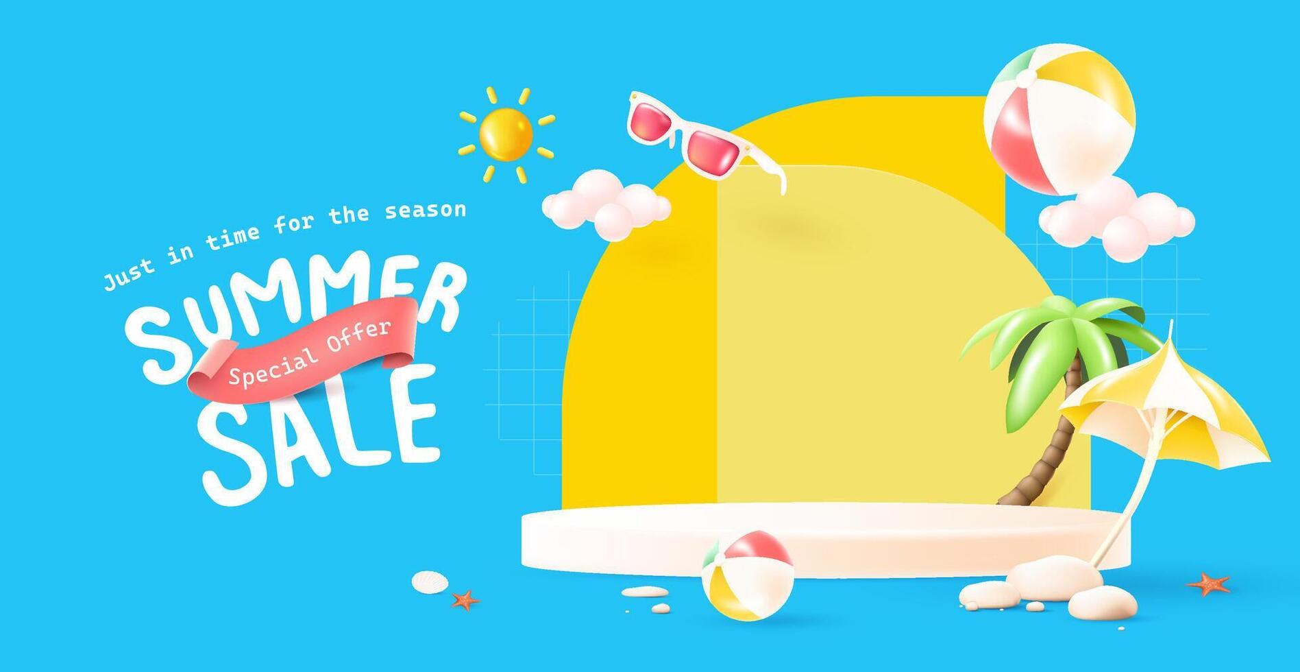 Playful 3D summer sale banner with palm tree, umbrella, beach balls, sun, sunglasses, and pastel podium. Perfect for holiday promotions, product display, and seasonal marketing. vector