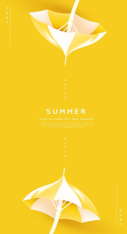Modern minimal summer vertical poster featuring two yellow beach umbrellas on a bright yellow pastel background. Ideal for seasonal sales, holiday promotions, and stylish advertising. vector