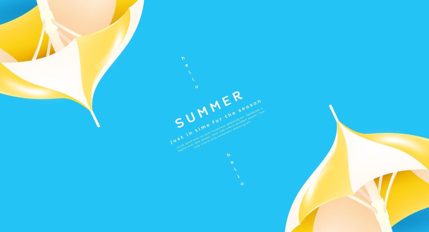 Modern minimal summer banner featuring two yellow beach umbrellas on blue background with copy space. Perfect for seasonal promotions, product displays, and stylish summer advertising. vector