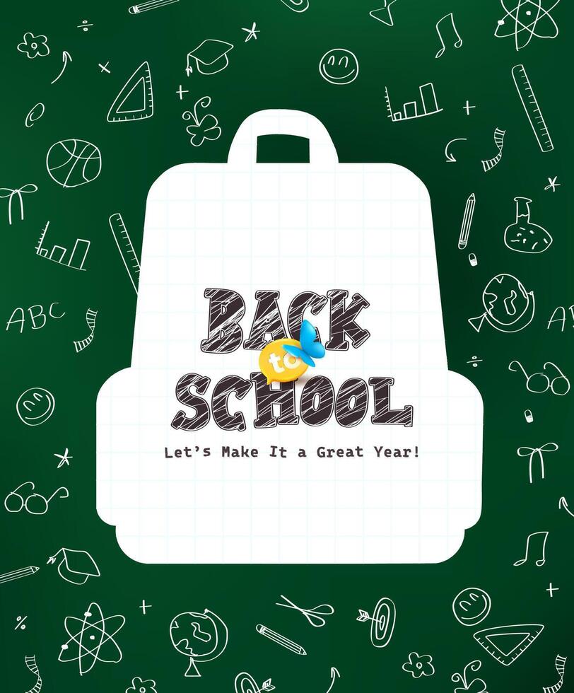 Creative back to school design featuring backpack silhouette filled with notebook grid and surrounded by hand drawn chalkboard doodles great for education posters and student projects vector