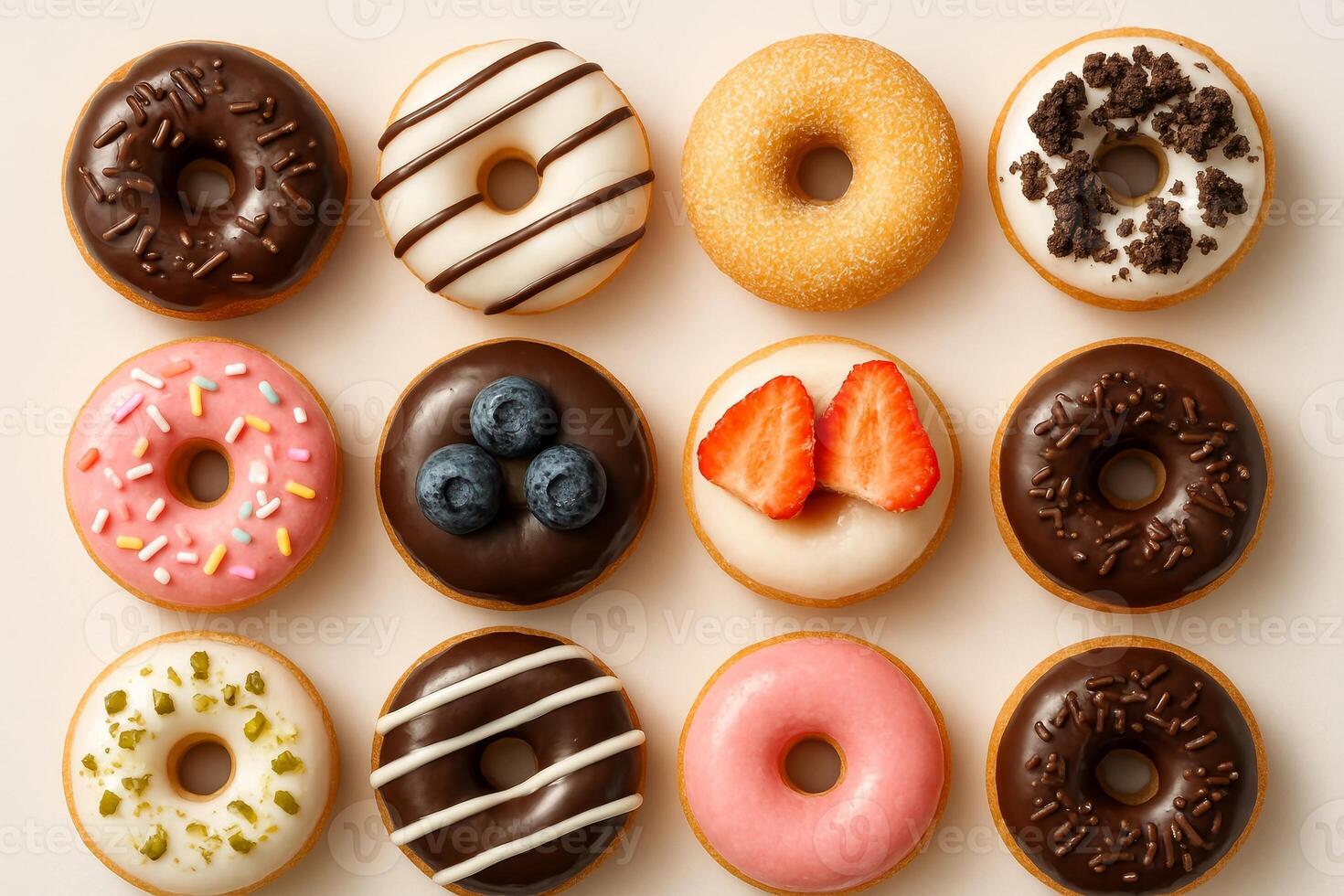 Assorted donuts with chocolate, fruit, glaze, and sprinkles toppings arranged in grid on light background, sweet dessert food concept photo