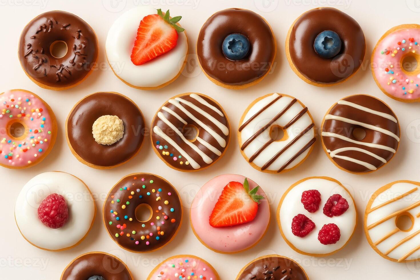 Assorted mini donuts with chocolate, glaze, berries, sprinkles and cream toppings on white background, sweet pastry set for food design photo