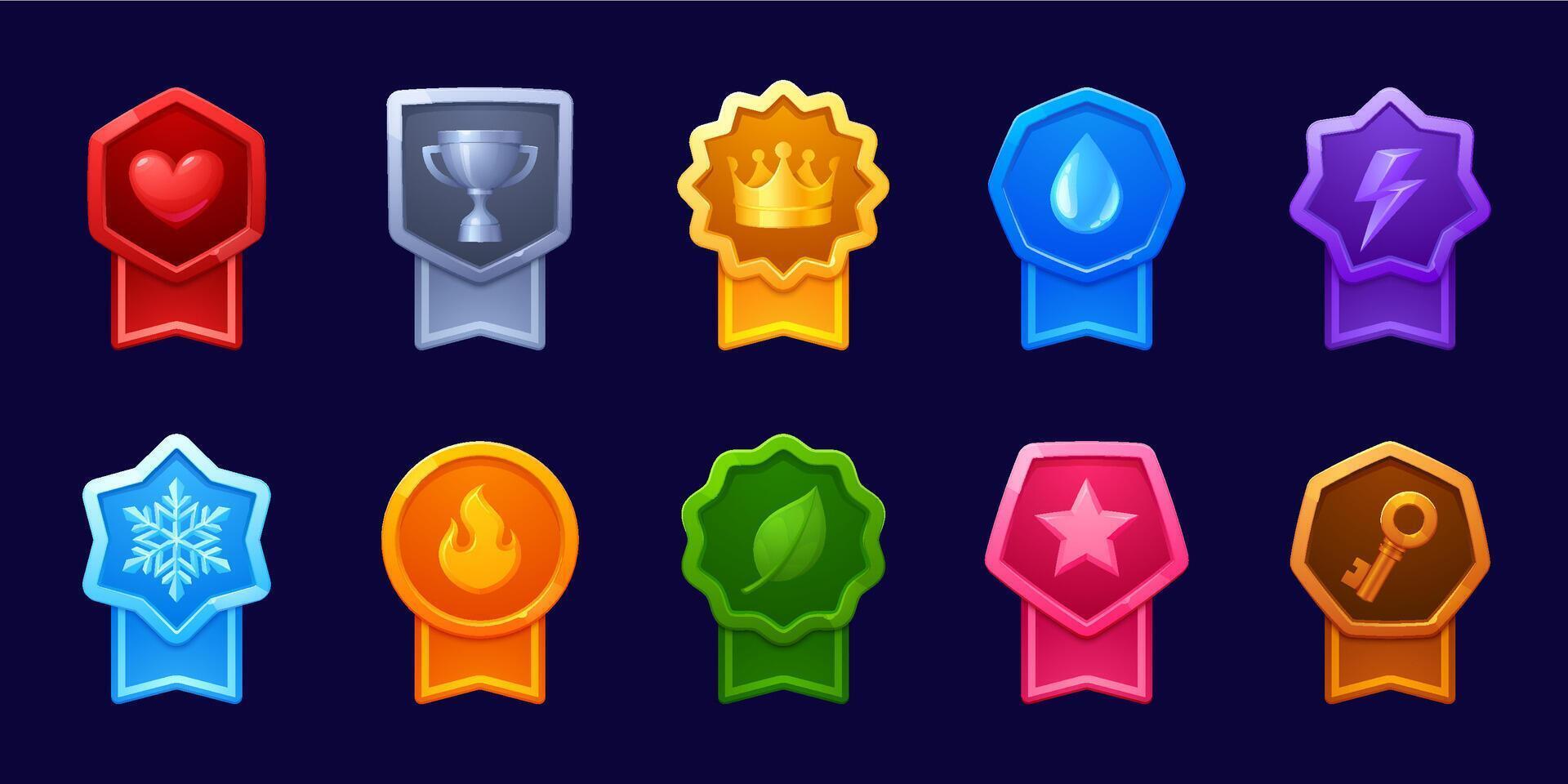 Game rank badges asset, achievement medals set vector