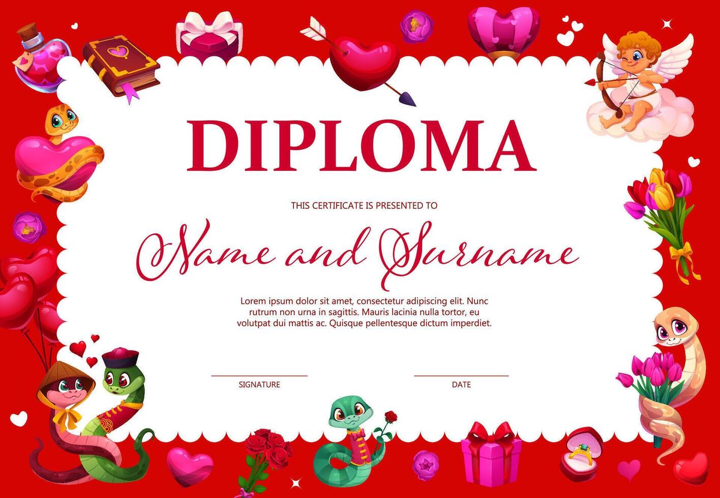 Valentines day diploma certificate with cherubs vector