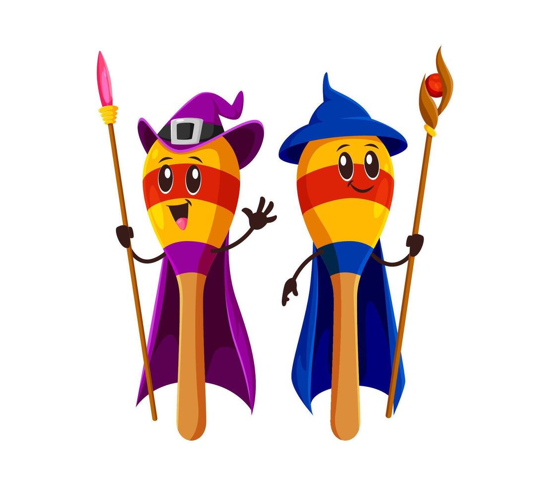 Cartoon maracas wizards, Halloween mage characters vector