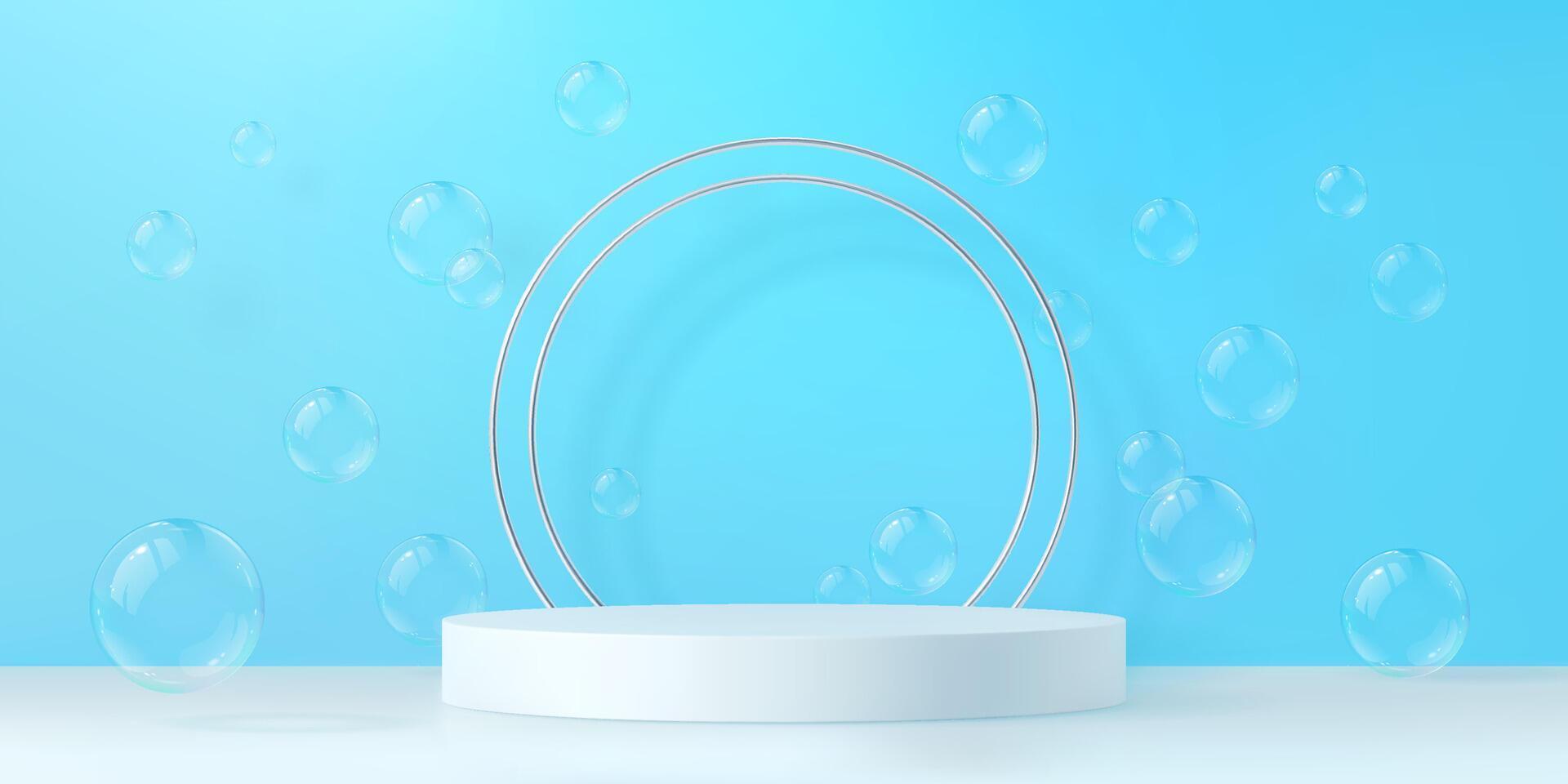 Podium with soap bubbles and gold circular frame vector