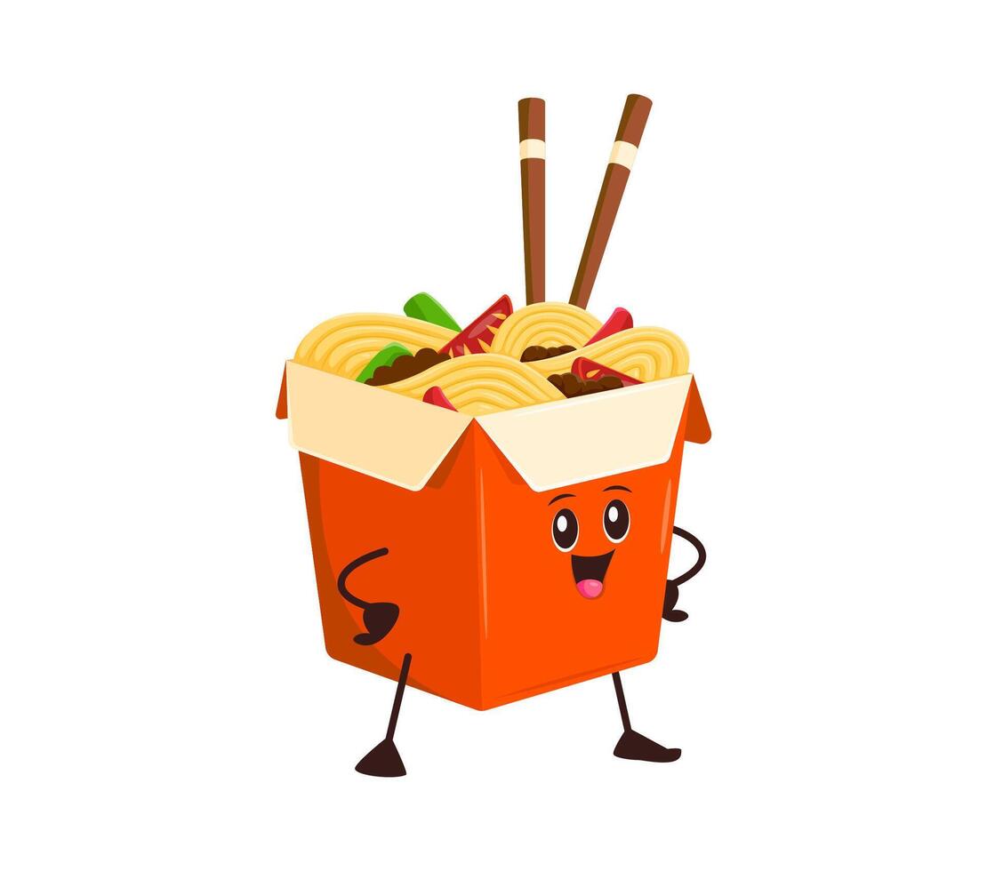 Cartoon funny Asian wok box fast food character vector