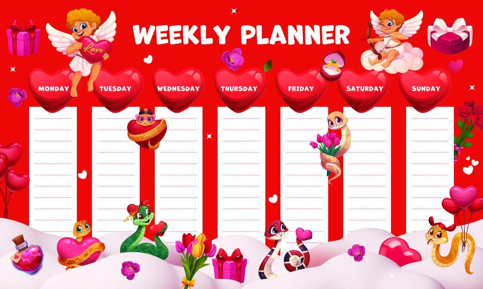 Weekly planner schedule with hearts and cherubs vector