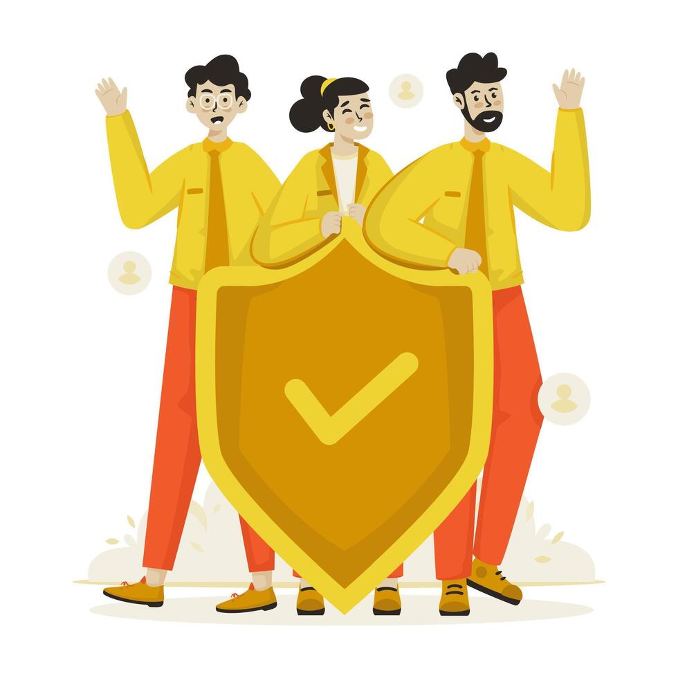 Group of people with shield for insurance agent profiles vector