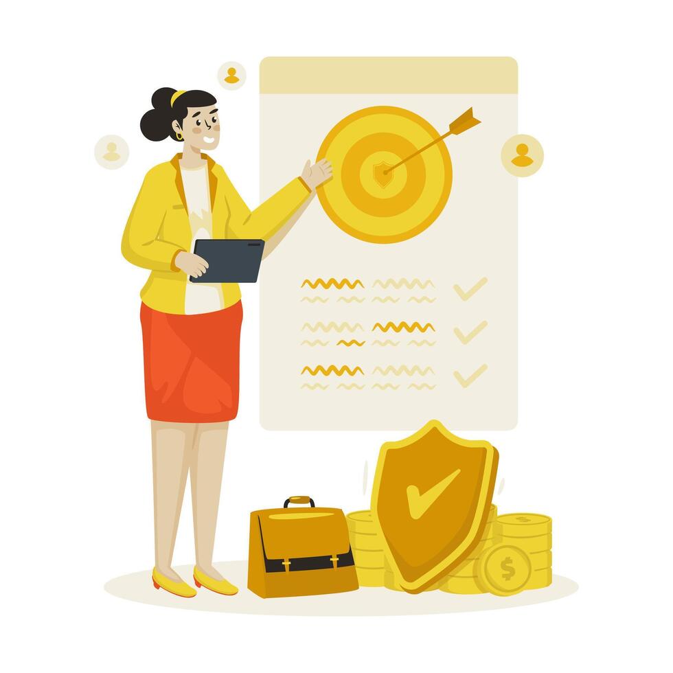Female marketing agent presentation target report flat illustration vector