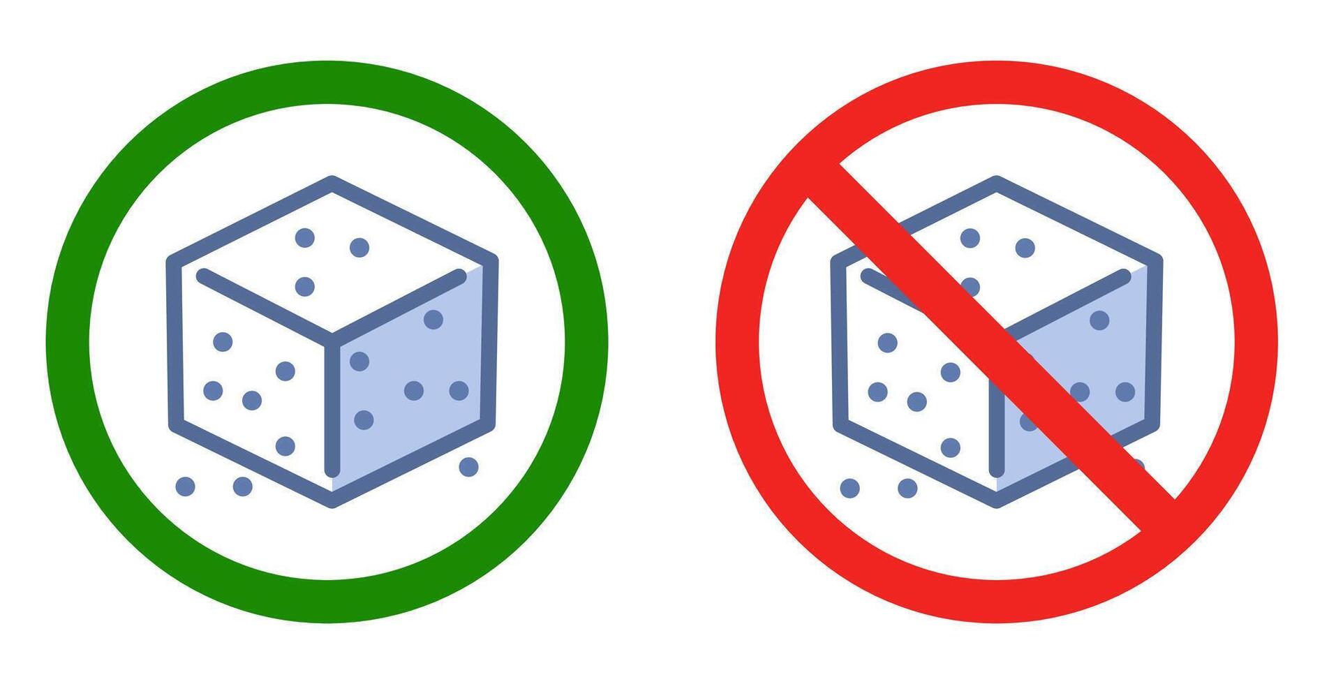 Green circle with sugar cube Indicates the presence of sugar in the product or recipe. Red circle with a line through sugar cube,Indicates the absence of added sugar or that the product is sugar free. vector