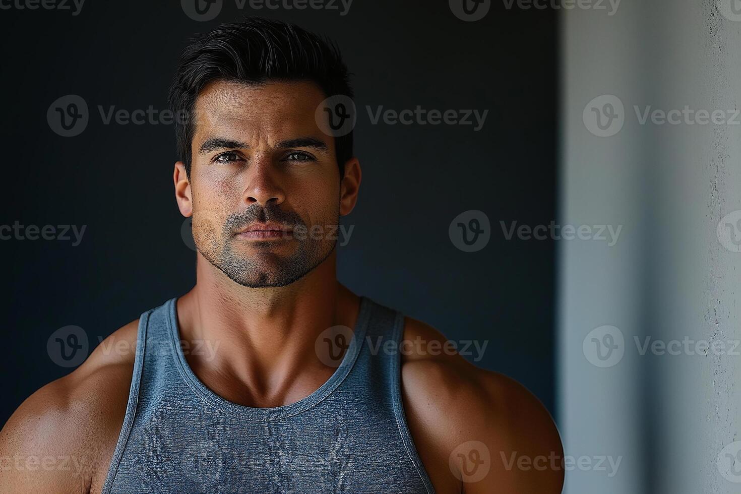 A man in a tank top standing in front of a wall photo