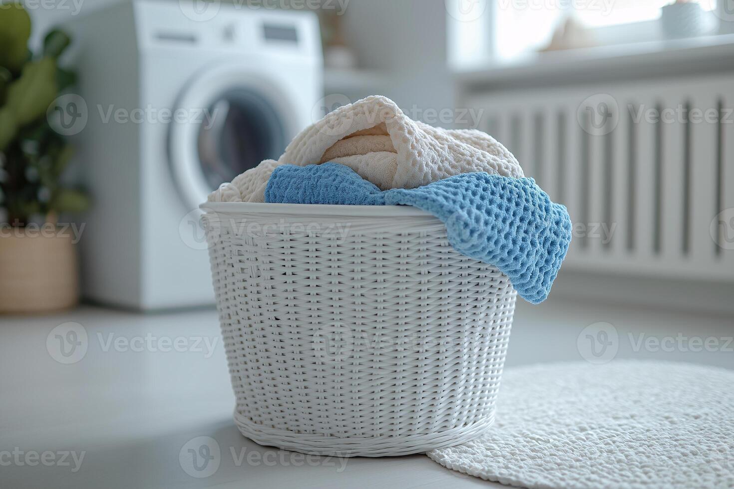 A basket of towels sitting on the floor next to a washing machine photo