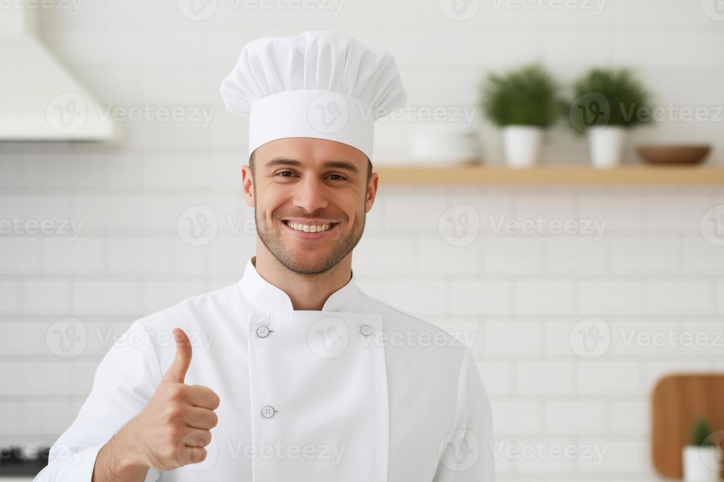 a smiling male chef giving the thumbs up sign photo