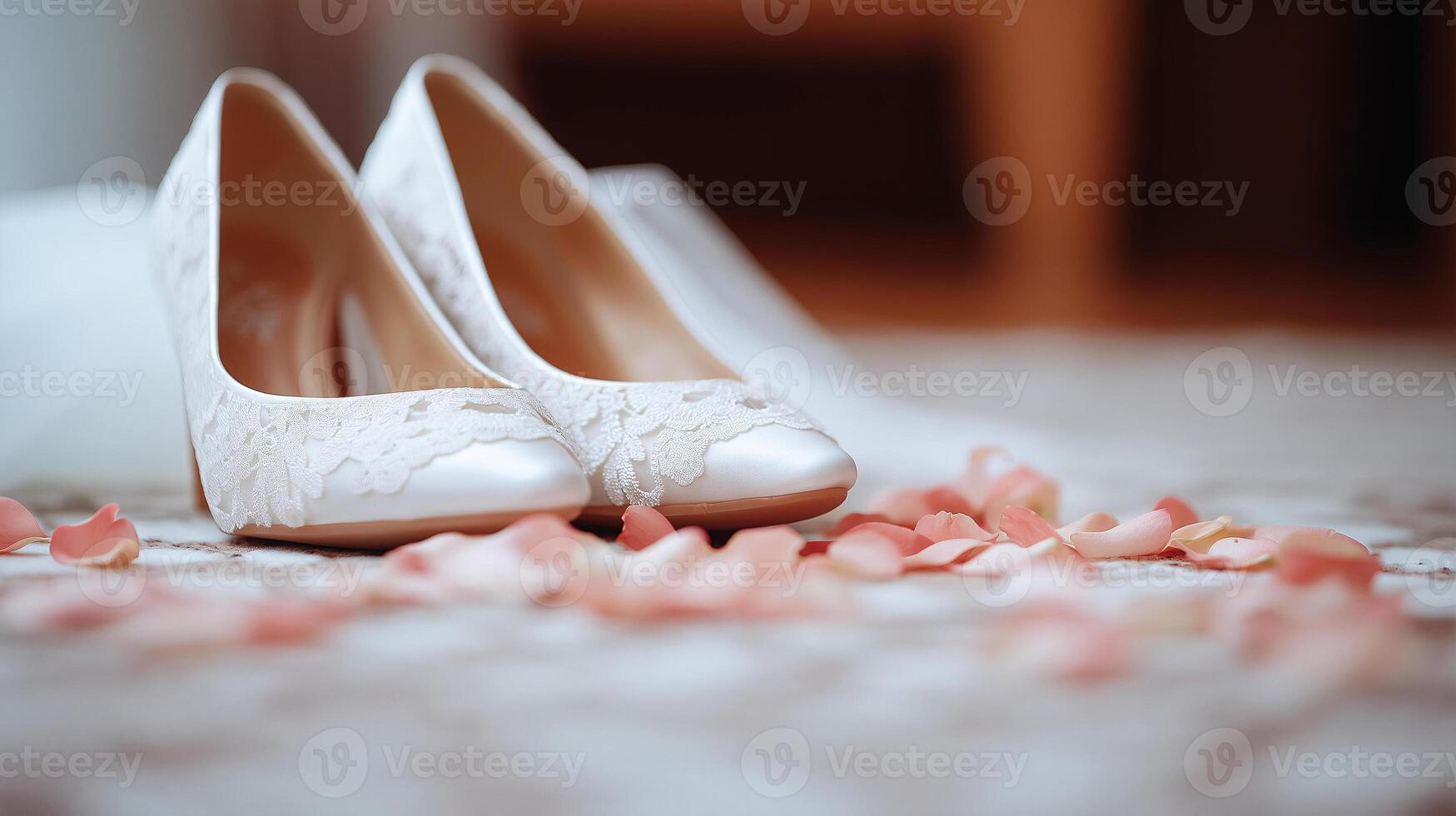 Wedding shoes and bridal veil on the floor photo
