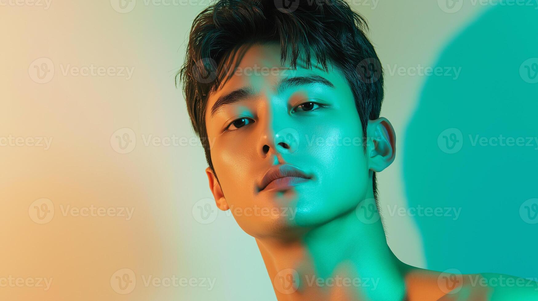 A man with no shirt on in front of a colorful background photo