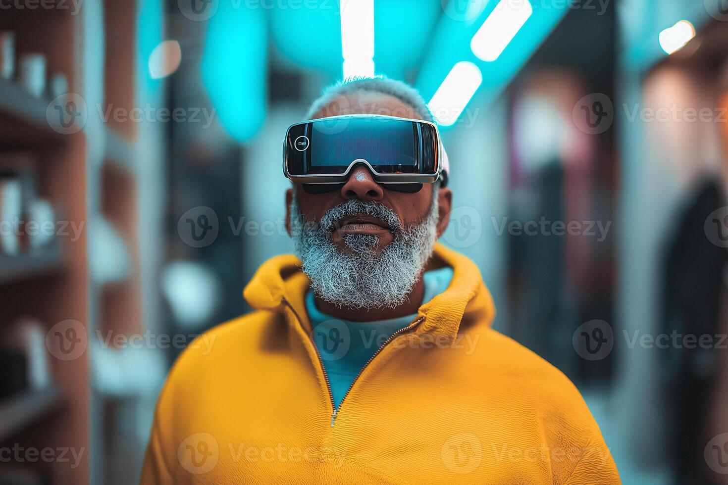 A man with a beard wearing a virtual reality headset photo