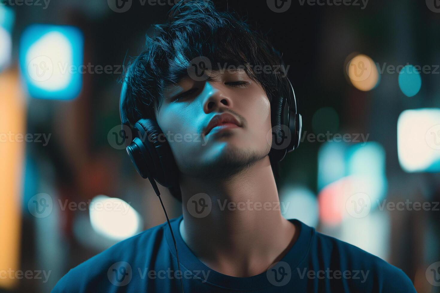 A young man with headphones on in the city photo