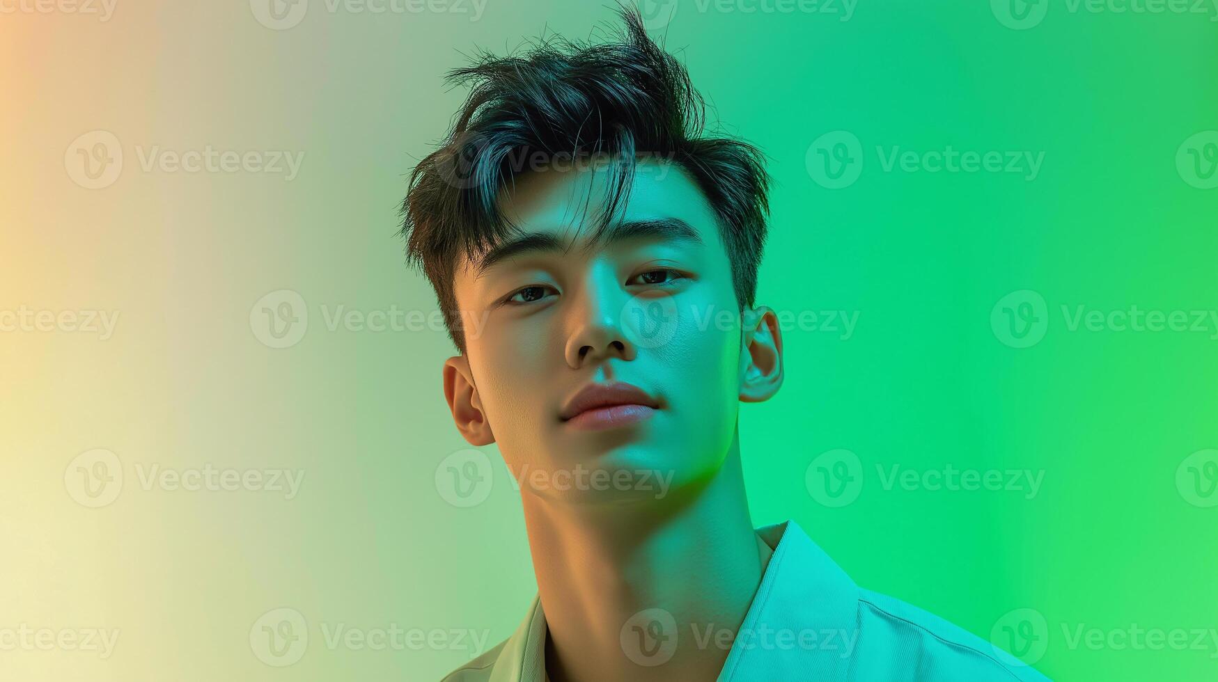 A man with short hair and a green and yellow background photo