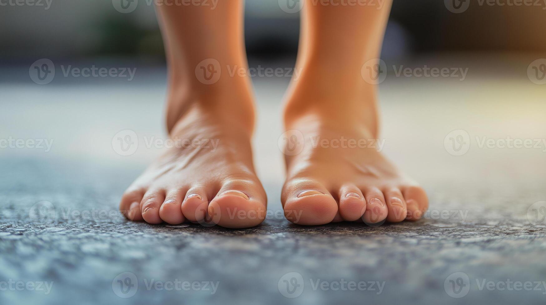 A person's bare feet on a concrete floor photo