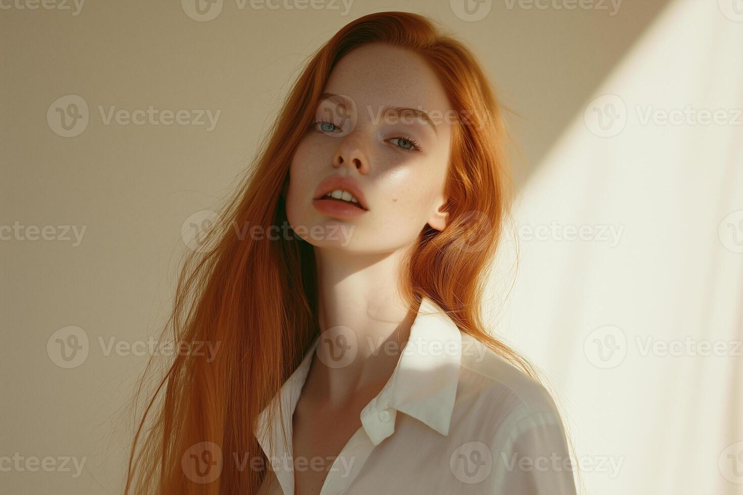 A woman with red hair and a white shirt photo