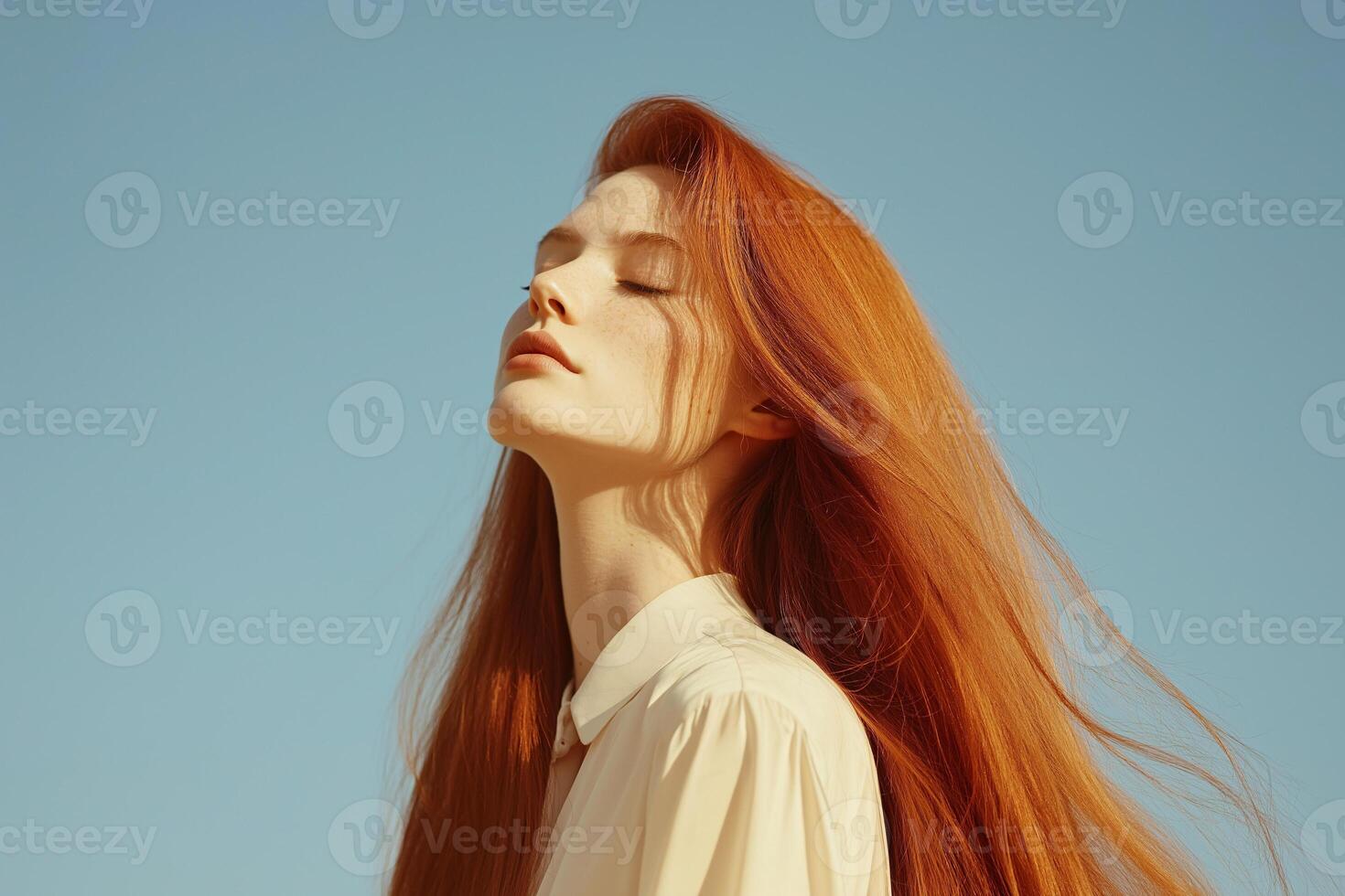 A woman with long red hair and blue sky photo